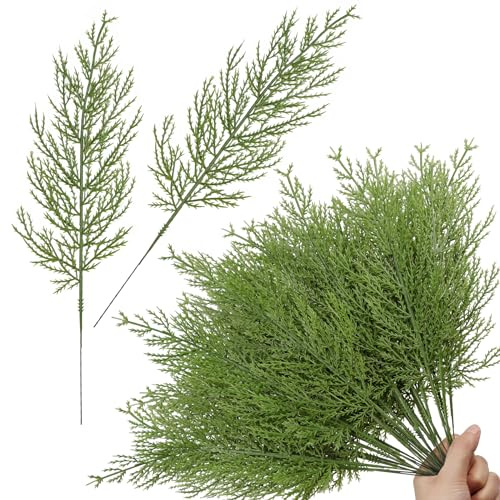 Lorigun 50 Pcs Ramas de Pino Artificiales, Fake Christmas Greenery 13.4inch Faux Pine Tree Branches Plastic Evergreen Branches Ceder Pine Stems Decorations Garland DIY Door Wreath