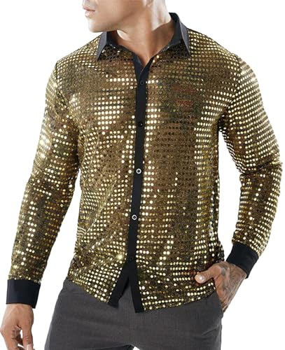 AIEOE Herren Pailletten Hemd Faschingskostüm Shirt für Party Show Freizeithemd Dünn und Durchsichtig Gold Herstellgröße XXL