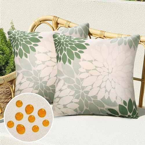 Serento Sofakissen Kissebezüge 50×50 Leinen wasserdichte Dekokissen Kissenhülle Grün Weiß Abstrakt Dahlie Blume Kissenbezug für Outdoor Wohnzimmer Schlafzimmer Garten Sofa Couch Kissen Dekor 2er Set
