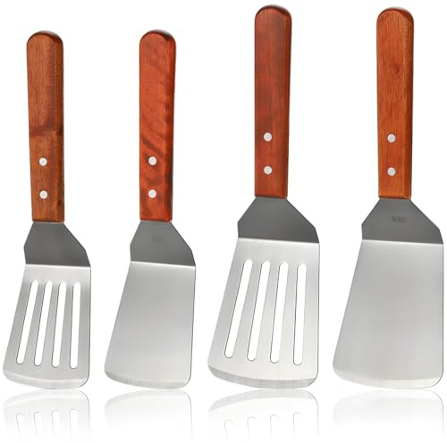 Pumtus 4 Pack Metal Spatulas Set, Stainless Steel Griddle Spatula & Slotted Spatula, Full Tang Wooden Handle Hamburger Turner, Fish Spatula Turner, Flat Top Grill Spatula for Cooking, BBQ (2 Size)