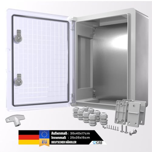 QCAB Wasserdichter Verteilerkasten für den Außenbereich | IP65 | ABS Kunststoff Gehäuse außen | Schaltkasten | Stromkasten | Steckdosenkasten Garten… (30 x 40 x 17 cm (Transparent))