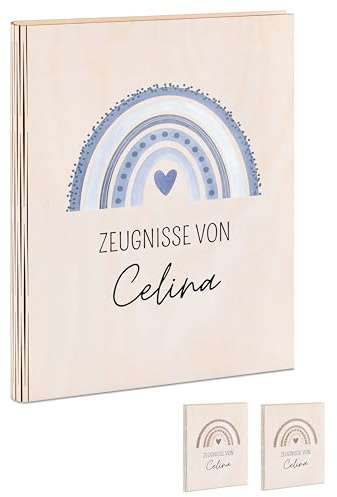 Wunderwunsch® - Personalisierte Zeugnismappe aus Holz mit hochwertigem Spezialdruck - Einschulungs-Geschenk für Jungen und Mädchen (Regenbogenblau)