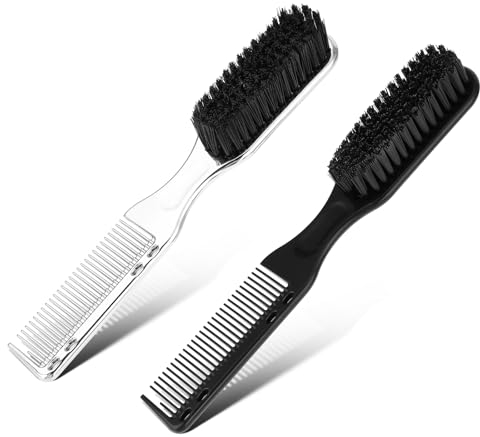 Amaxiu 2Pcs Barber Clipper Cleaning Brush With Barber Combs, Clipper Combs Flat Top Comb Barber Beard Brush Hair Styling Brush Tool Barber Accessories Cleaning Supplies(Silver+Black)