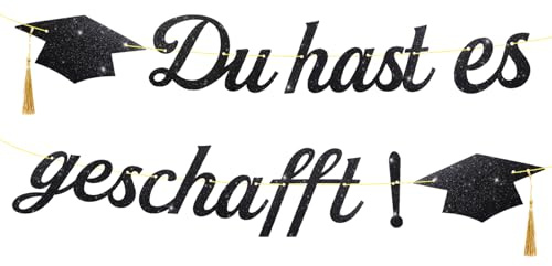 BETESSIN Graduation Deko Glitzer Schwarz - Du hast es geschafft - Girlande mit Absolventenhut Motiv - Abschluss Deko Banner Papier - Hängende Dekoration für Abitur, Bachelor und Master Abschlussfeiern