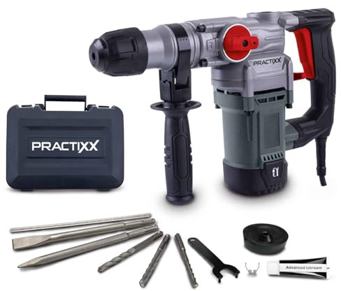 Practixx 3in1 Bohrhammer PX-BH-5 Abbruchhammer mit 5 Joule & 1050W | 28mm Bohrleistung in Beton | SDS-Plus Aufnahme | Zusatzgriff | 3m Kabel Bohrmaschine | inkl. 3 Bohrer, Koffer, Spitz- & Flachmeißel