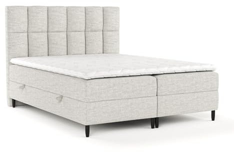 maison de reve - Boxspringbett Anabelle 200 x 200 cm, mit Bettkasten, H3 Taschenmatratze (19 cm hoch), PU-Topper mit Algae Bezug und Kopfteil, Webstoff, Hellgrau Farbe