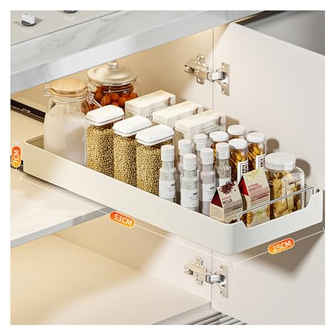 CJJZFO Küchen Organizer Teleskopschublade, Ausziehbarer Schrank Organizer, Ausziehbare Schublade zum Kleben, Küchenschrank Organizer Kein Bohren und Nageln Erforderlich (Size : 53 * 25 * 7cm)