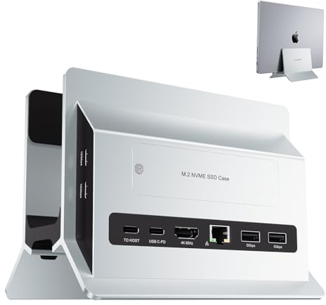 Vertical Laptop Docking Station with M.2 4TB SSD Enclosure and HDMI 4K@60Hz | PULWTOP Macbook Docking Station with USB A/C 10Gbps, Ethernet,SD/TF, Laptop Dock for Full Featured MacBook and Laptops-Silver
