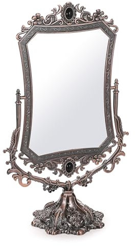 JUXYES Metal Tabletop Antique Decorative Makeup Mirror with Stand, Vintage 360° Swivel Double Sided Cosmetic Mirror with Frame, Retro Desktop Dressing Mirror Magic Mirror for Dresser