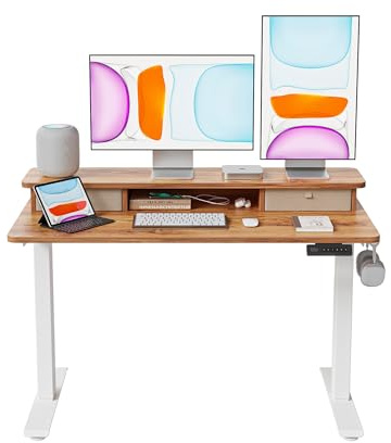 FEZIBO Electric Height Adjustable Standing Desk, 120x60cm, with Double Drawers and Storage Shelf, Light Rustic