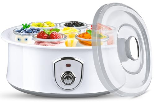 Pequeña yogurtera eléctrica, yogurtera automática de 1,5 l con olla interior de acero inoxidable, 7 frascos de vidrio, control termostático, máquina para hacer natto y vino de arroz para recetas fam
