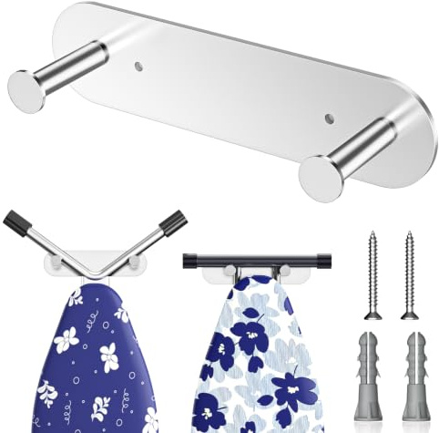 LOXSUN Ironing Board Hanger Wall Mount, Ironing Board Holder with Removable Hooks, Laundry Rooms Iron Boards Hook for Wall for Y or T Leg (Silver)