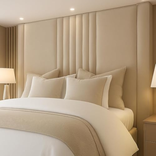 Spring Well Luxury Wall Mount M line Panel Headboard, 127-203 cm Height, Plush Velvet, Linear Design (Cream, 4ft6-50''Tall)