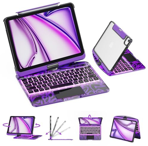 GUSGU Transparent Case with Wireless Keyboard for iPad Air 13-in.(M3/M2, 2025/2024), 7 Colors Backlight, Trackpad, 360°Rotating Stand for iPad Pro 12.9-in (6/5/4/3 Gen), Tech Style