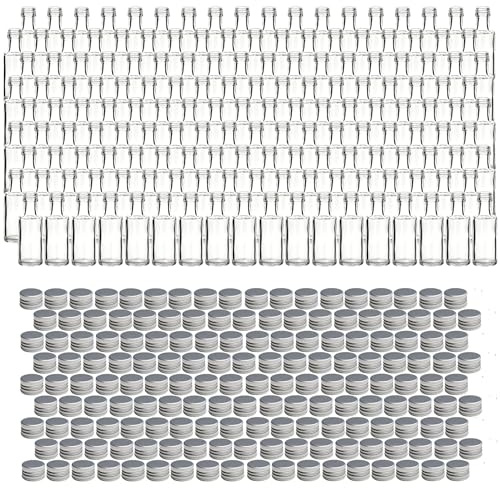 gouveo Lot de 162 flacons en verre 20 ml (0,02 l) Bouteille en verre 20 ml Dorica avec bouchon à vis argenté, mini flacon rond à col court pour remplissage et décoration (DFT020S)