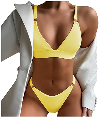 Bikini Tanga Mujer 2025 Bañadores para Mujeres Natacion Conjuntos De Bikinis Push Up Sexy Brasileño Bañador Halter Baño De Natacion Cuello En V con Y Tangas Vikinis De Dos Piezas Piscina Amarillo S