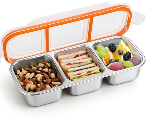 Yamobi Bento-Snack-Contenitore con coperchi a prova di perdite, 3 scomparti, scatola per snack con scomparti, riutilizzabile, acciaio inossidabile, conservazione degli alimenti, lunchbox, scatola