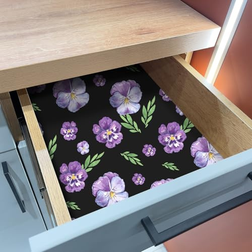VaryFloral Papier Peint Autocollant Noir Fleur Violettes 30.5x300cm Stickers Muraux Impermeable Adhesif pour Meuble Tiroir Chambre