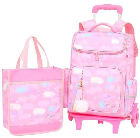 SNGUOQ Skolväskor med hjul skolryggsäck set med handväska skol-rolley-väska med hjul skolrullväskor set med lunchväskor rullryggsäck, ROSA, 2 Wheels