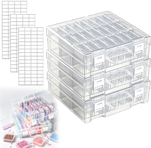 YBCCBY 72 Pcs Bead Storage Box with Lids for Crafts Small Parts | Clear Plastic, 3 Large + 72 Mini Boxes + Labels, 4.3x4.3x1.9cm Each, For Beads, Jewelry, Diamonds, Seeds, Screws, DIY