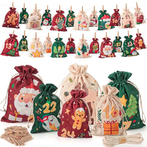 Adventskalender zum Befüllen,24 Advents-kalender Stoffsäckchen zum Selberfüllen, 15 x 10 cm DIY Weihnachten Geschenksäckchen Stoffbeutel, Adventskalender 2025 Kinder, Wiederverwendbar Adventstüten (B)