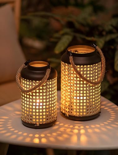 NUPTIO Rattan Deko Windlicht Laterne: 2er Boho Farmhouse Metal modern Kerzenhaltern Groß Rustikale Wohnaccessoires zum Aufhängen für die Veranda Terrasse oder als Indoor Outdoor