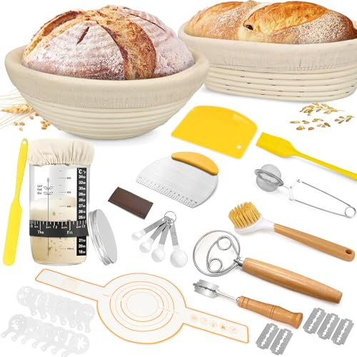 Sourdough Starter Set- Complete Sour Dough Starter Kit With Jar, 9 Inch Round & 10 Inch Oval Sourdough Proving Baske, 18 PCS Bread Making Accessories,Baking Gifts for Professionals and Home Bakers (A)
