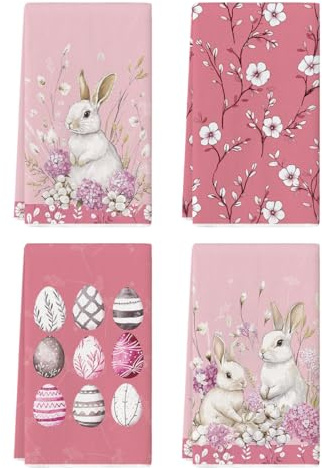 Artoid Mode Rosa Kapok Hortensie Hasen Blätter Ostereier Ostern Küchentücher Geschirrtücher, 42x65 cm Schmetterling Dekor Polyester Handtücher 4er Set