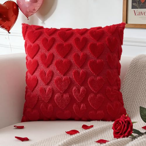 JOTOM 1 Stück Herz Kissenbezug, Plüsch Kurze Wolle Dekorativ Valentinstag Zierkissenbezüge Romantische Liebe Kissenhüllen Sofakissen Deko Kissenbezüge für Wohnzimmer Schlafzimmer (40x40cm, Rot)