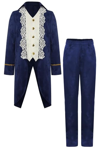 YONGHS Boys Steampunk Vintage Frock Coat Uniform Medieval Golden Trim Tailcoat Jacket and Long Pants Navy Blue 16 Years