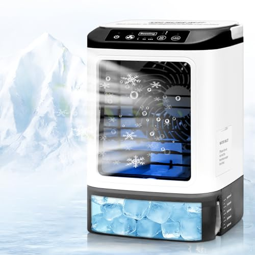 Mini Air Conditioner,4-in-1 Portable Air Conditioner Fan,Personal Air Cooler with 4 Speeds,2 Mist Modes,7 LED, 900ML Water Tank, Ice Box,Rechargeable Evaporative Cooling Fan for Bedroom,Office& Travel