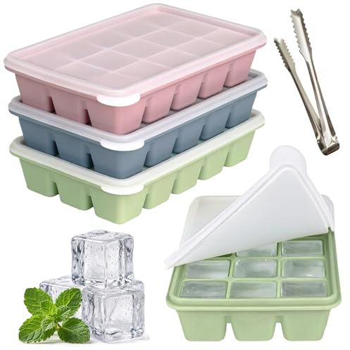 3er Set Silikon Eiswürfelform mit Deckel&Eiszange,BPA-frei stapelbar | Einfach zu entformen & spülmaschinenfest, für Cocktails, Kaffee, Desserts & Babybrei, geeignet für Haushalt, Partys & Outdoor