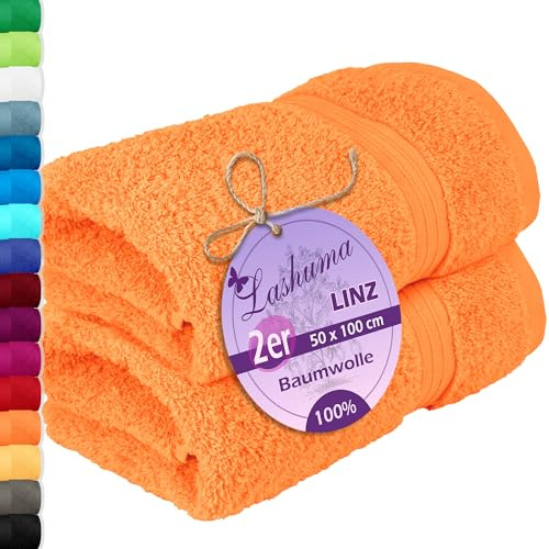 Lashuma 2er Handtuchset Baumwolle 50x100 cm, Linz Sporthandtuch Orange - Blut