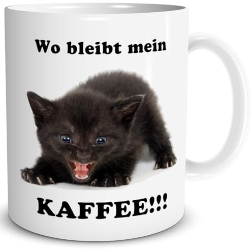 TRIOSK Lustige Katzen Tasse mit Spruch Wo bleibt mein Kaffee - Süßes Katzenmotiv Geschenk für Katzenliebhaber, Kaffeefreunde, Morgenmuffel & Kollegen - Büro & Arbeit - Keramik 300 ml