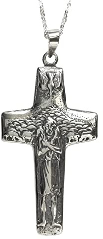 Alylosilver Collana con Ciondolo Croce Papa Francesco, Crocifisso del buon pastore, in Argento per Uomo e Donna. Include Catena in Argento da 45 cm e Scatola Regalo
