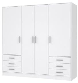 Forte Jupiter Armario 200 210, armario blanco, armario de puertas batientes, 4 puertas, con 6 cajones y estantes, negro blanco, 206.5 cm de ancho x 60 cm de profundidad x 200 cm de alto