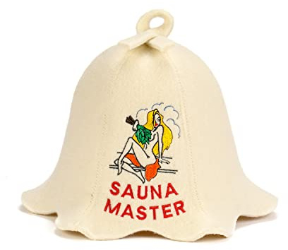 Natural Textile Bastumössa “Sauna Master” Vit - Bastuhatt 100% ekologiska ullfiltmössor för rysk Banya - Skydda ditt huvud från värme – Bastuguide-eBok på engelska ingår - med broderi