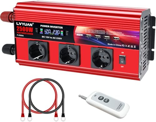 LVYUAN Convertisseur 12V 220V 2500W/ 5000W DC à AC Convertisseur de Tension Onduleur Transformateur avec télécommande, LCD, 4 Ports USB, 3 Prises EU pour l'extérieur, Panne de Courant de Secours