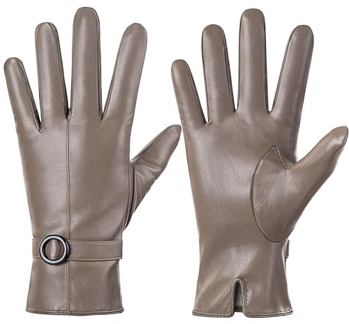 Dsane Damen Winter Lederhandschuhe Touchscreen Texting Warm Fahren Lammfell Handschuhe (Beige, XL)