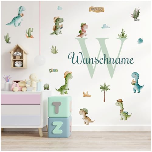 Wandsticker personalisiert Sticker Aquarell Tiere mit Name Wandtattoo für Kinderzimmer Babyzimmer Spielzimmer Mädchen Junge Y037 (Nr. 9 Dinos, Mit Wunschname)