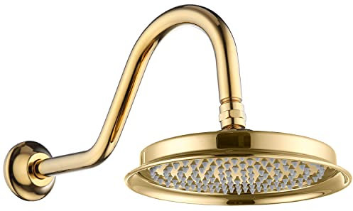 Drettyer Rain Shower Head, 9 Vintage Shower Heads with Extension Curved Shower Arm, Traditional Round Rainfall Showerhead Replacement for Shower System (Bright Gold)