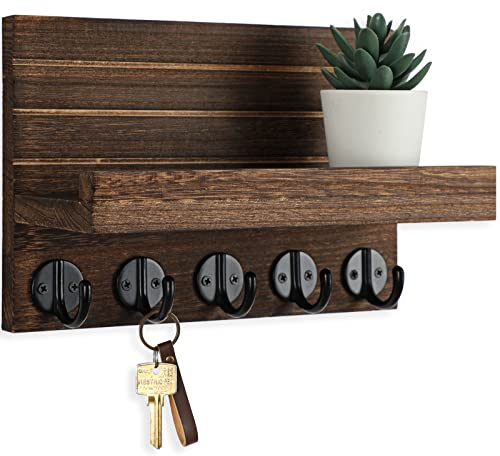 Lwenki Key Holder for Wall, Decorative Key and Mail Holder with Shelf Has Large Key Hooks for Bags, Coats – Paulownia Wood Key Hanger with Mounting Hardware (9.8”W x 6.7”H x 4.2”D) (Brown)