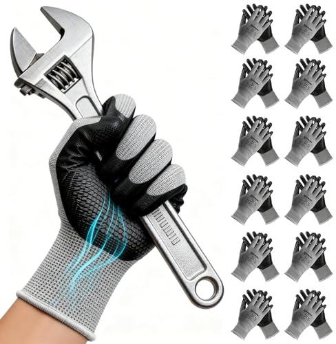 ANDANDA Men‘s Work Gloves with Nitrile Coating - Pack of 6 | Safety Gloves for Mechanics, Gardening & Logistics | Non-Slip Grip, Comfort Fit | Size M (Black)