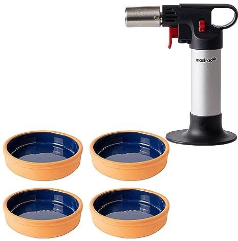 Mastrad - Brûlée Cremes Set – 1 Brenner für die Küche & 4 Auflaufformen – Karamellisieren Sie Ihre hausgemachten Cremes – Experter Brenner – professionelles Ergebnis – Auflaufförmchen aus Terrakotta