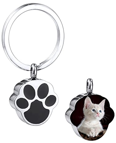 MeMeDIY Personalisierte Pfotenabdruck Gedenkurne Anhänger Schlüsselanhänger für Haustier Asche Benutzerdefiniertes Foto/Text/Datum Edelstahl Hund Katze Asche Schmuck mit Trichter Kit