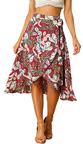 Allegra K Jupe Portefeuille mi-Longue bohème hawaïenne à Fleurs Tropicales pour Femmes Rouge M