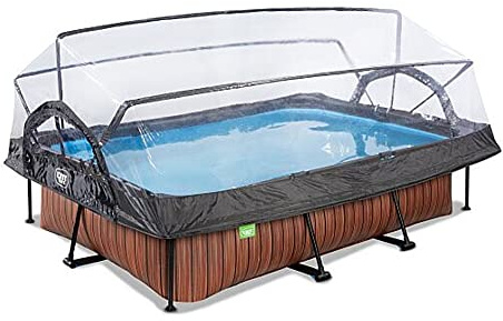 EXIT Toys Wood Pool with Multifunctional Cover - 9.8x6.6x2.1ft - Rectangular, Compact Frame Pool with Cartridge Filter Pump - Easily Accessible - For Clean and Warm Pool Water - Brown