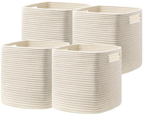 UBBCARE Set of 4 Storage Cubes-13 X 13 X 13 In, Cotton Rope Basket for Shelves, Toys, Book, Cube Storage Bin with Handles, Woven Storage Basket for Organizing, Beige