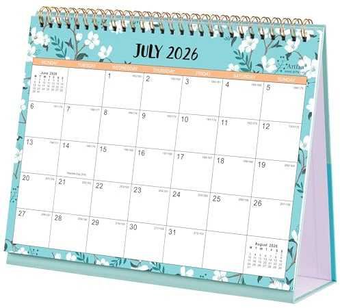 Calendrier de bureau 2026-2027 avec papier épais, juillet 2026 à décembre 2027, 25,5 x 20,5 x 8 cm, reliure à double spirale, vert