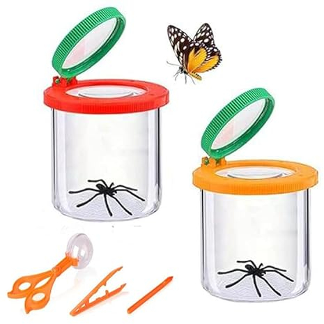 UQMIQURA 2 Stück Becherlupe Lupenbecher Set, Lupendose Lupenbecher mit Pinzette, Lupenbecher Kinder, Insekten Lupe Behälter, Insekten Beobachtungsbox für Outdoor Wissenschaft Natur Erkundung